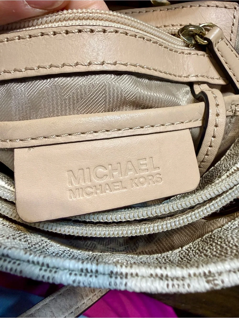 Michael Kors Beige Logo Tote with Blush Leather Straps and matching Wallet